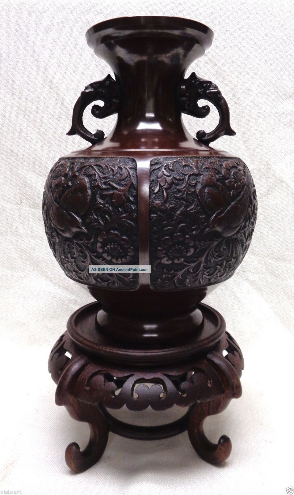 Gorgeous Vintage Oriental Decor Urn W/ Molded Bird Designs & Wooden Carved Stand Metalware photo