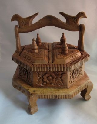 Vtg Hand Carved Footed Ornate Wood Jewelry Box With 4 Compartments.  India photo