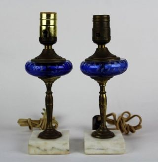 Pair Vtg Bohemian Czech Cobalt Blue Cut To Clear Boudoir Lamps On Marble Bases photo