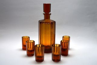 Czech Exquisite Art Deco Decanter Amber Glass,  Liqueur Bottle And 6 Glasses photo