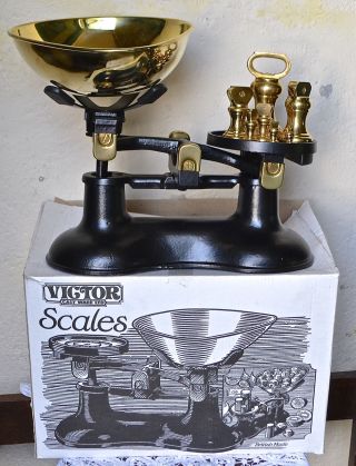 Boxed English Victor Black Balance Kitchen Scales & 7 Brass Bell Weights photo