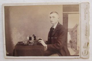 C.  1890 ' S.  Man Posing With Very Early The Franklin Typewriter,  Very Rare Photo photo