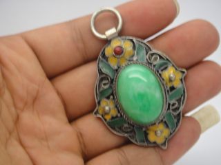 China Old Collectible Handwork Green Jade Cloisonne Flower Wonderful Pendant photo