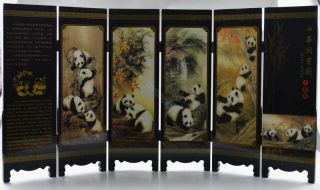 Collectible China Old Handwork Wood Painted Lovely Panda Folding Screen photo
