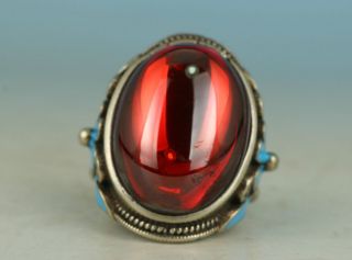Chinese Old Silver Inlay Red Jade Collectable Handwork Carved Cloisonne Ring photo