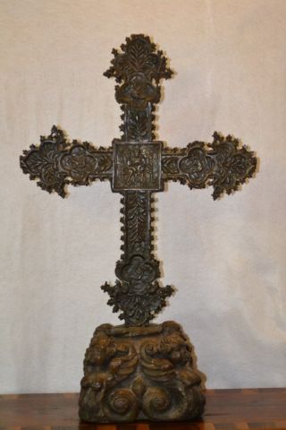 16th 17th Century Processional Cross W/ Medieval Gothic Oak Carved Winged Cherub photo