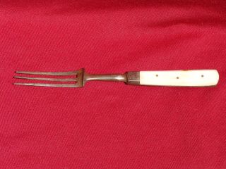 Unique Antique 3 - Tine Beveled Bone Handle Pewter Fork - - Old - - Civil War Or Before photo