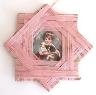 Antique Victorian Sewing Silkwinder Handmade Star Pink Silk Thread Dog Picture photo