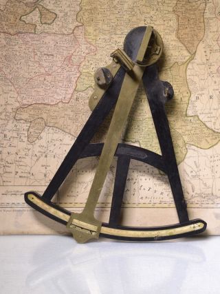 Antique C.  1800 Navigational Instrument Octant Brass Ebony & Bone Veneer Scale photo