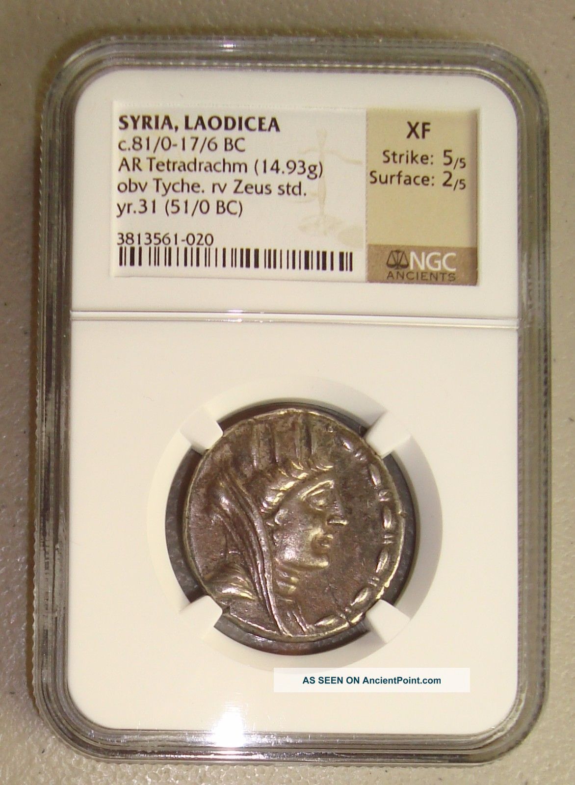 81 - 16 Bc Syria,  Laodicea Tyche / Zeus Ancient Greek Silver Tetradrachm Ngc Xf Greek photo