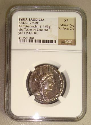 81 - 16 Bc Syria,  Laodicea Tyche / Zeus Ancient Greek Silver Tetradrachm Ngc Xf photo