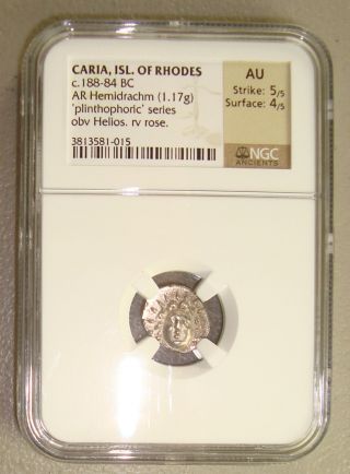 188 - 84 Bc Caria,  Rhodes Helios / Rose Ancient Greek Silver Hemidrachm Ngc Au photo
