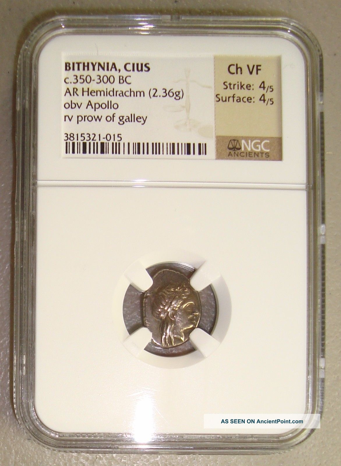 350 - 300 Bc Bithynia,  Cius Apollo/galley Ancient Greek Silver Hemidrachm Ngc Vf Greek photo