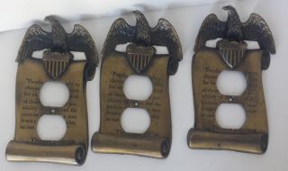 Vintage Brass 3 Outlet Covers Wall Plates Thomas Jefferson Eagle Metal Patriotic photo