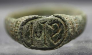 Rare Ancient Viking Inscribed Bronze Finger Ring With Runes photo