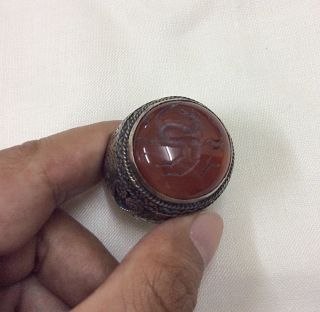 Men ' S Islamic Ring Vintage Agate Aqeeq Afghan Antique Engraved Stone Vtg Size 9 photo