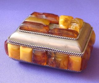 Vintage Jewelry Box Casket,  Inlay Natural Natural Egg Yolk & Cognac Baltic Amber photo
