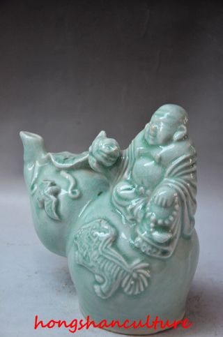 Delicate Chinese Light Blue Porcelain Handwork Gourd Shaped Reflux Pot - Buddha photo