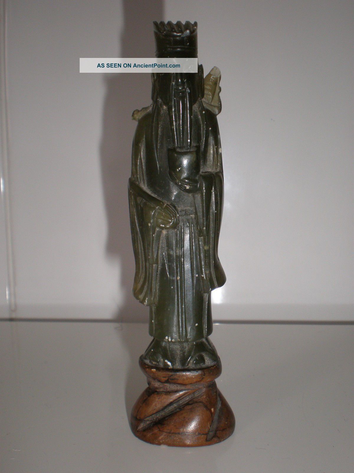Carved Chinese Jade Figure,  Sat On Hard Stone Base,  Height 12.  5cm,  Slight Damage Jade/ Hardstone photo