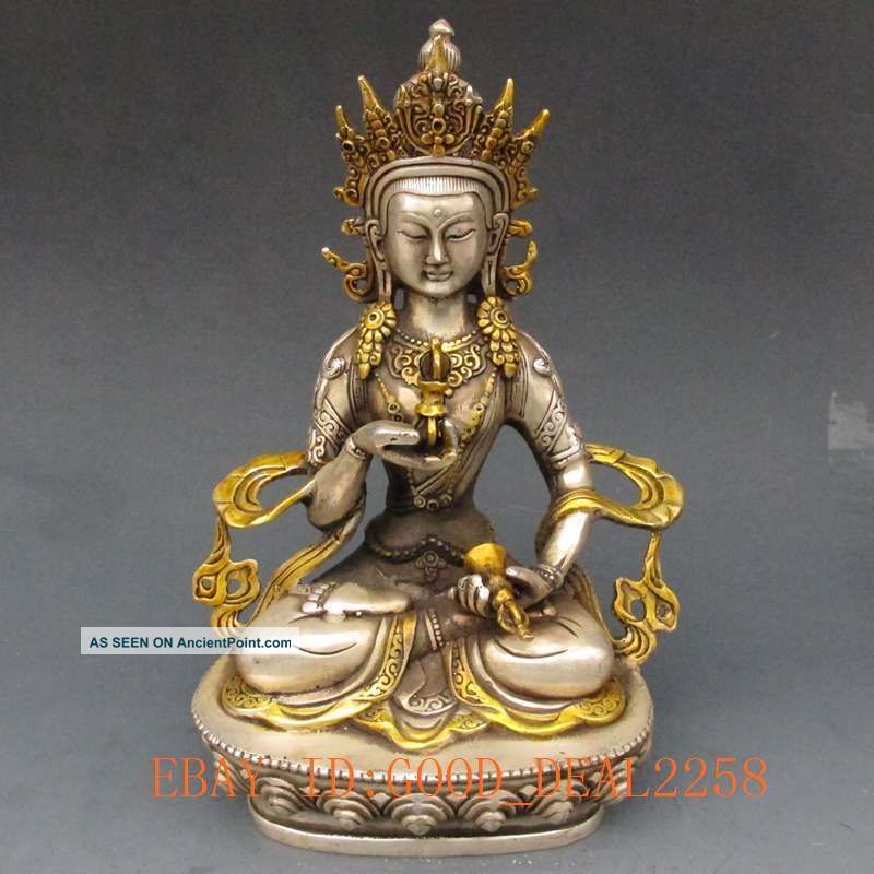 Vintage Tibet Silver Copper Gilt Tibetan Buddhism Statue - - White Tara Buddha Other Chinese Antiques photo