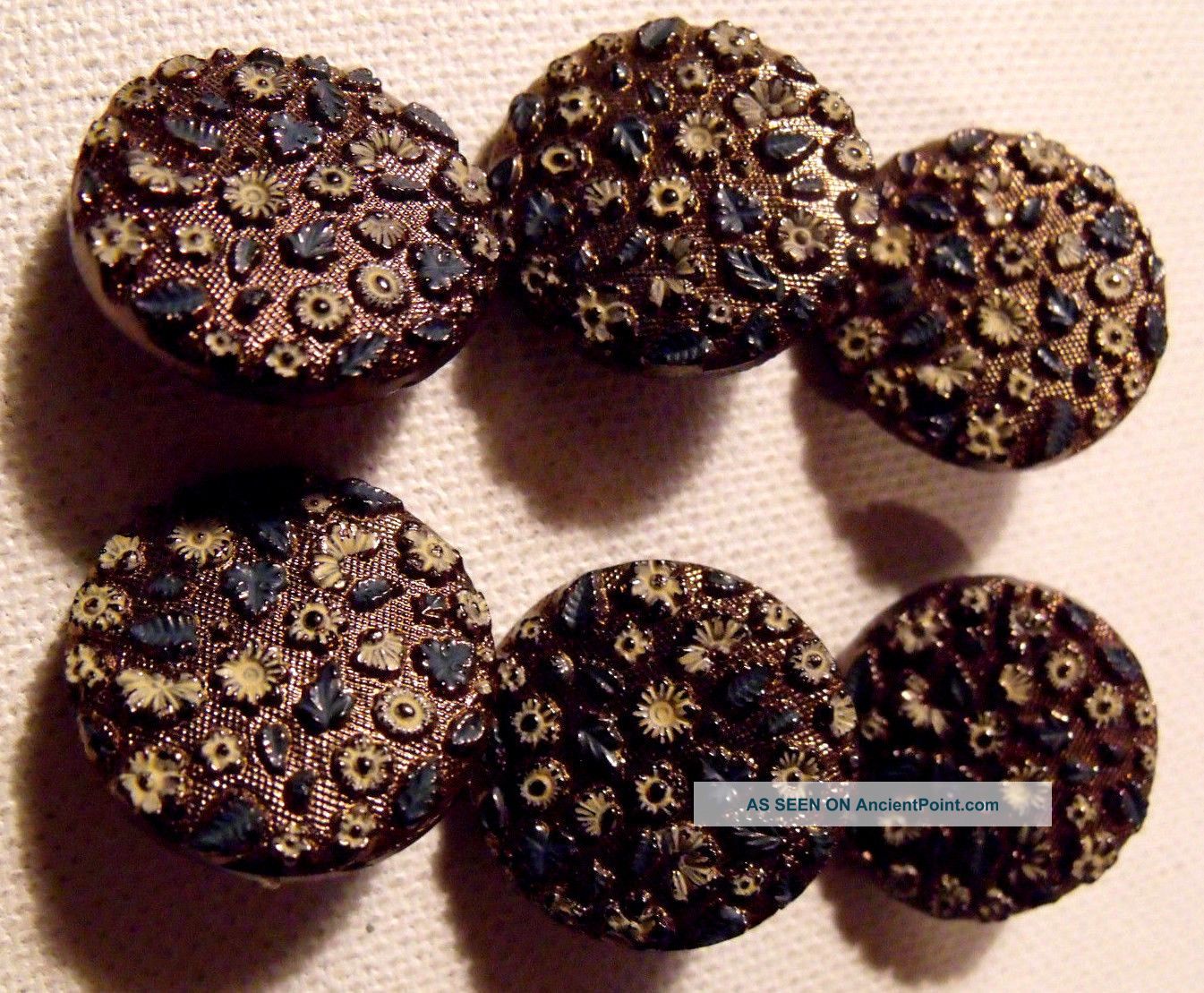 (6) Victorian Glass Buttons Card Black & Gilt Painted Flowers Elegant 7/8 