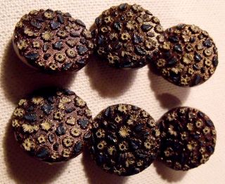 (6) Victorian Glass Buttons Card Black & Gilt Painted Flowers Elegant 7/8 
