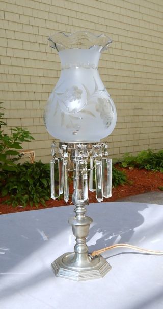Signed Pairpoint Lamp Silverplate Base With Prisms & Frosted Engraved Shade photo