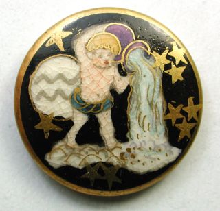 Vintage Satsuma Button Aquarius Astrology Design W/ Gold Accents photo
