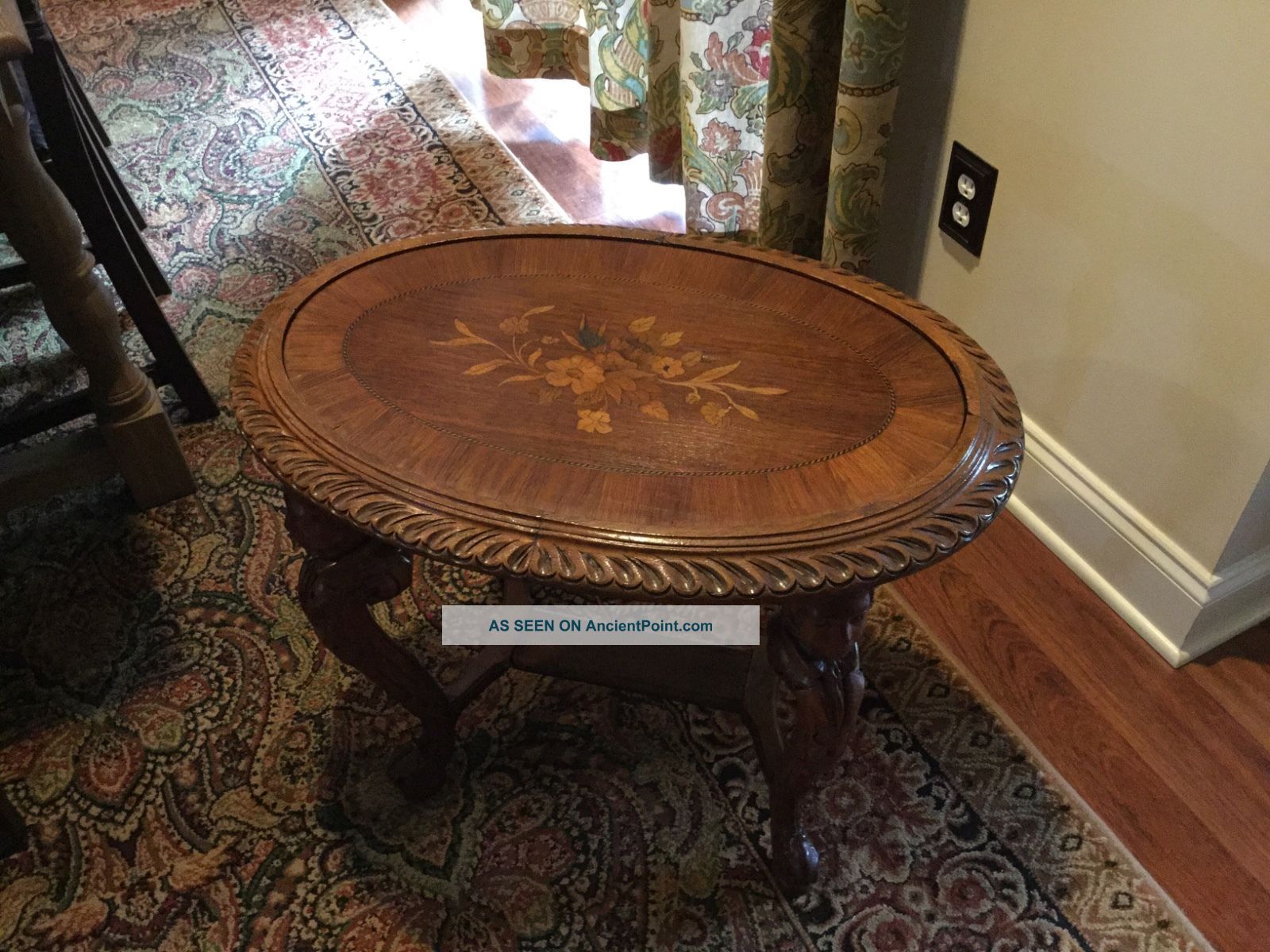 Antique Victorian Era Walnut Table With Carved Figural Legs & Inlay 1800-1899 photo
