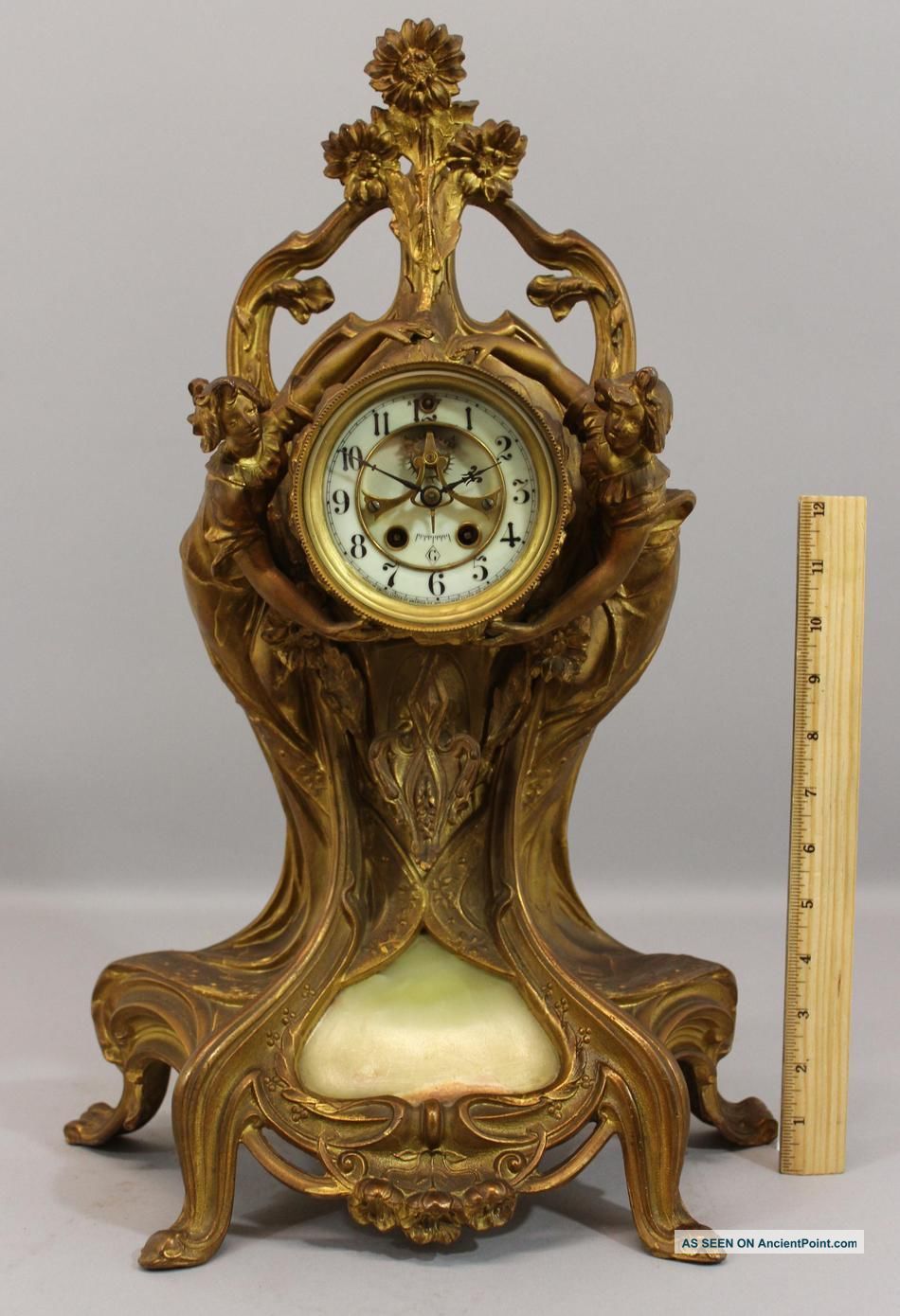 Large Rare Antique Gold Gilt Spelter Art Nouveau Women & Flowers Gilbert Clock Clocks photo