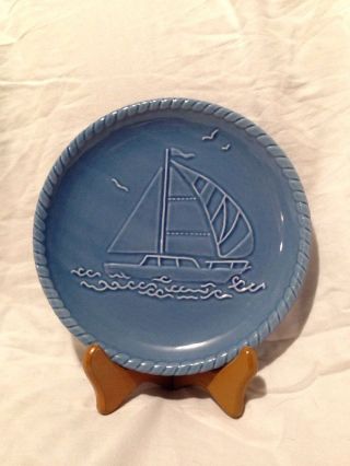 Nautical Collector Plate American Atelier Blue Stoneware Sailboat Dish Plate photo