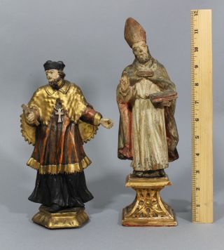 2 Antique 19thc Carved & Painted Wood Christian Santos Priest & Bishop Carvings photo