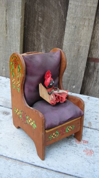 Vintage Hand Made Black Americana Pin Cushion Primitive Doll In Wooden Chair photo