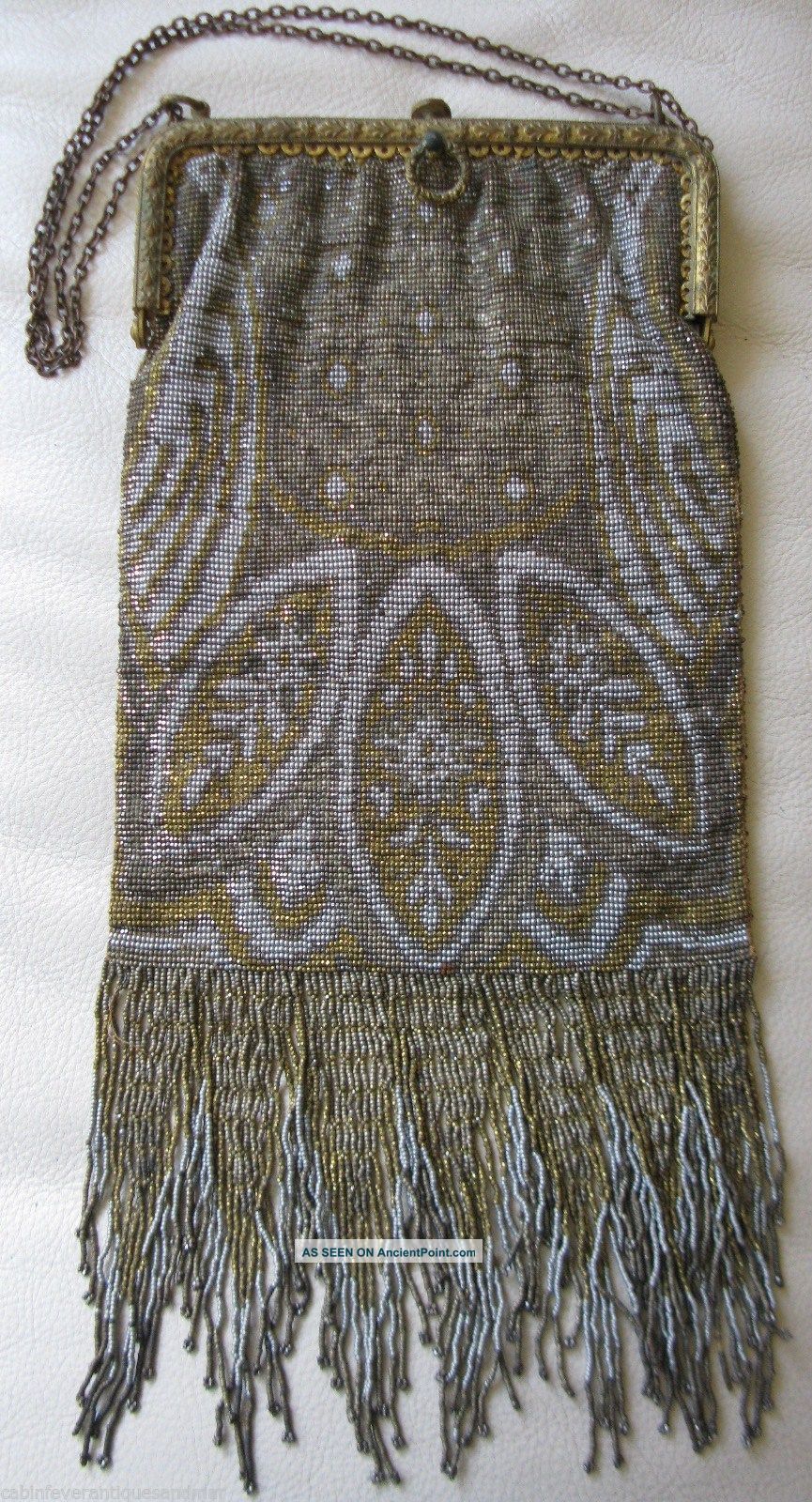 Antique Gold Frame Persian Rug Fancy Fringe French Steel Micro Bead Purse France Victorian photo