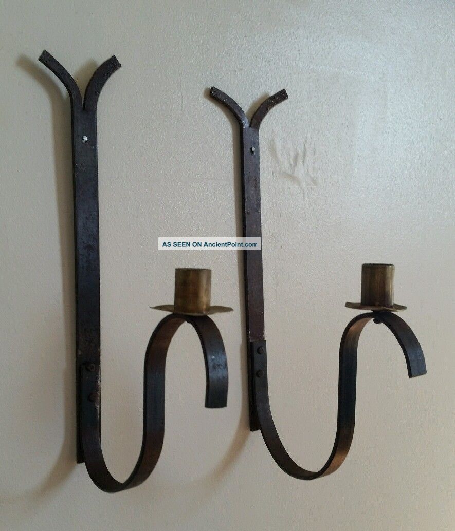 Primitive Antique Wrought Iron & Brass Sconces,  Very Crude Aafa Primitives photo