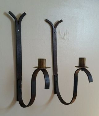 Primitive Antique Wrought Iron & Brass Sconces,  Very Crude Aafa photo