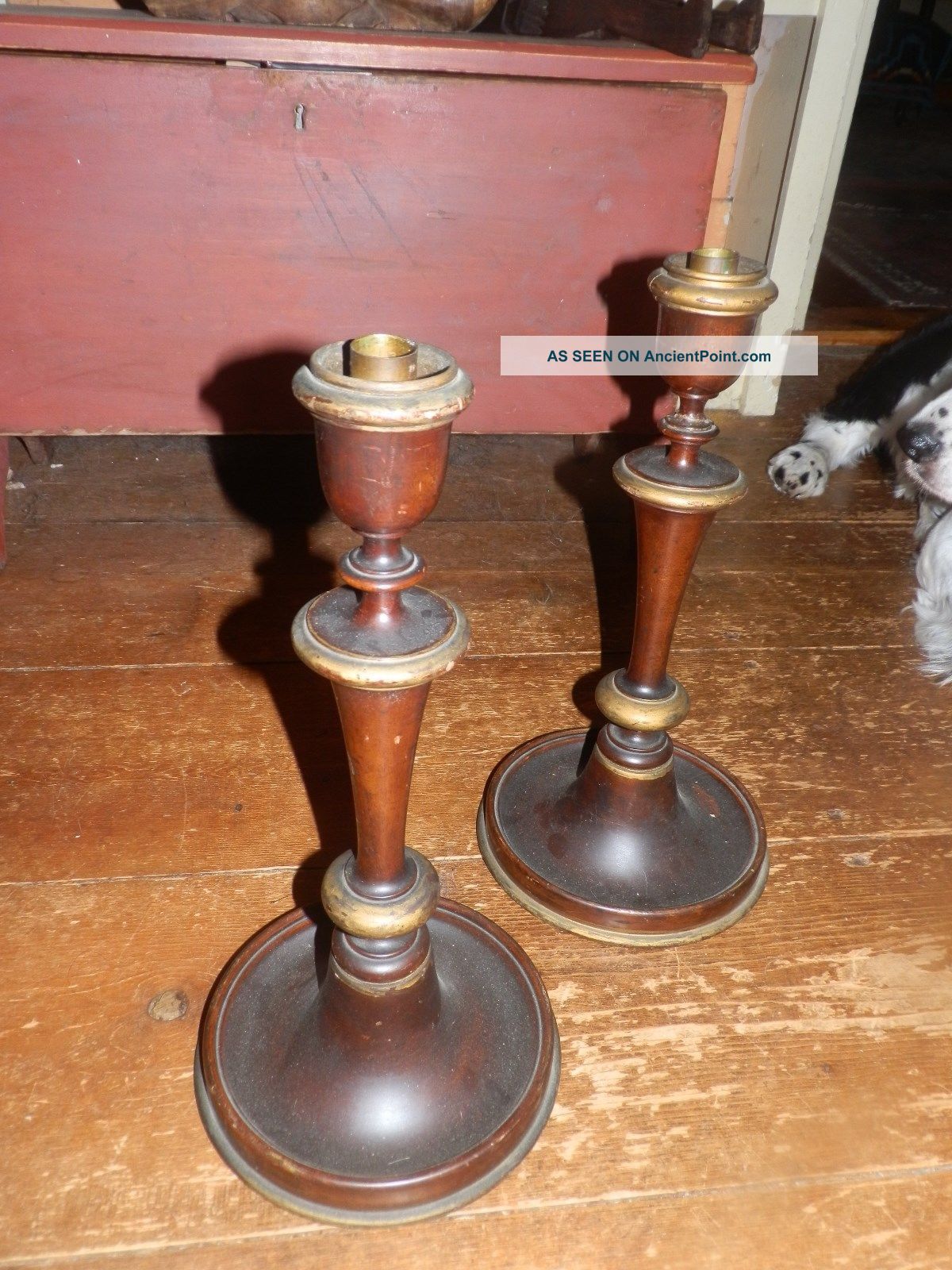 Maine Estate Pair Large Wooden Candle Sticks Goldish Trim 14 1/2 