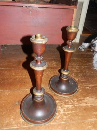 Maine Estate Pair Large Wooden Candle Sticks Goldish Trim 14 1/2 