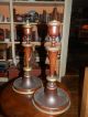 Maine Estate Pair Large Wooden Candle Sticks Goldish Trim 14 1/2 