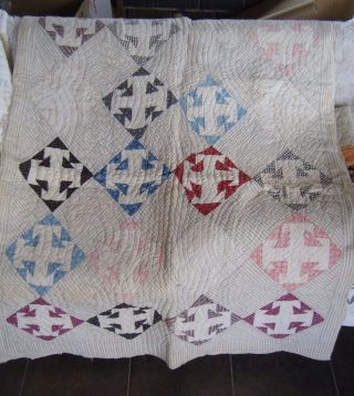 Rare 19c Crib Quilt Antique Primitive Double Pink Cotton Muslin Fabric Folk Art photo