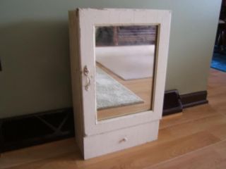 Antique Cabinet Medicine Chest Cupboard Mirror Wood Wooden Jewelry Drawer White photo