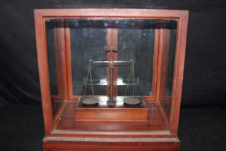 Antique Gold Diamond Jewelry Apohtecary Scale W/ Weights In Glass Case 1800s photo