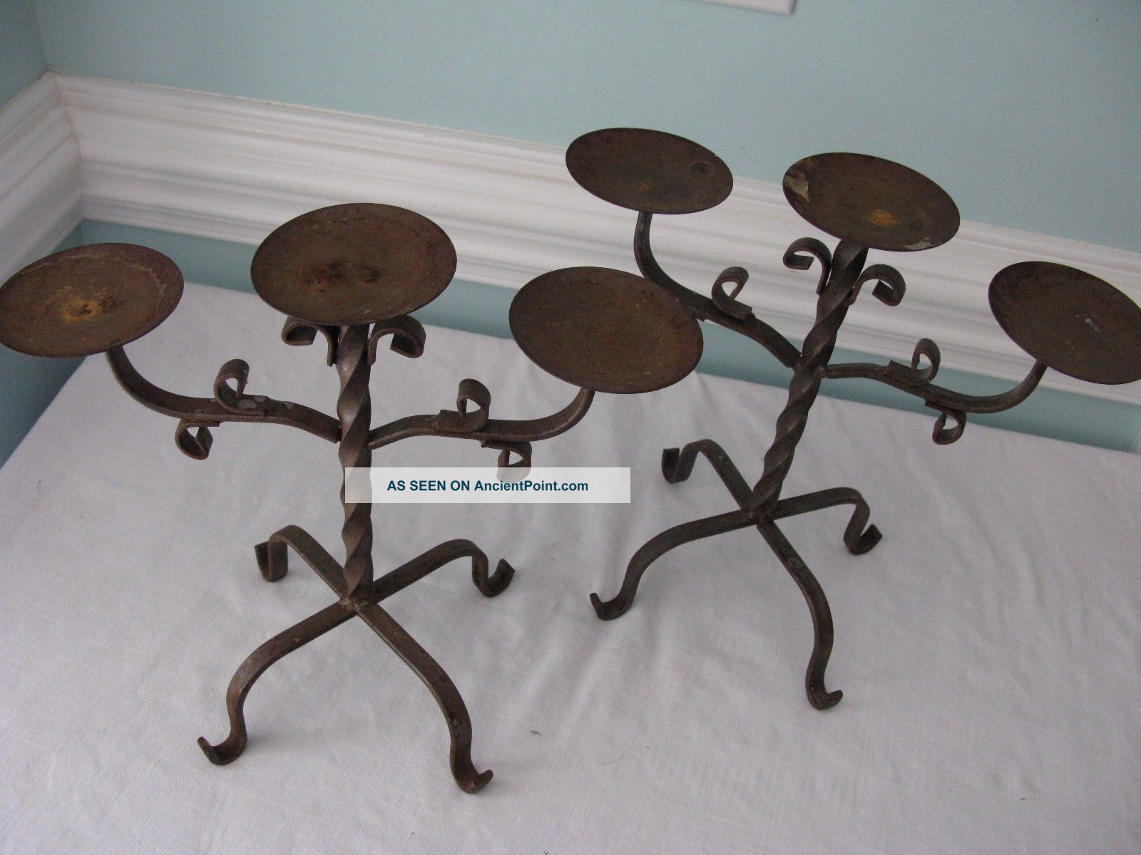 Wrought Iron Tabletop Candelabras Holder Rustic 3 Candles Each Heavy 12 