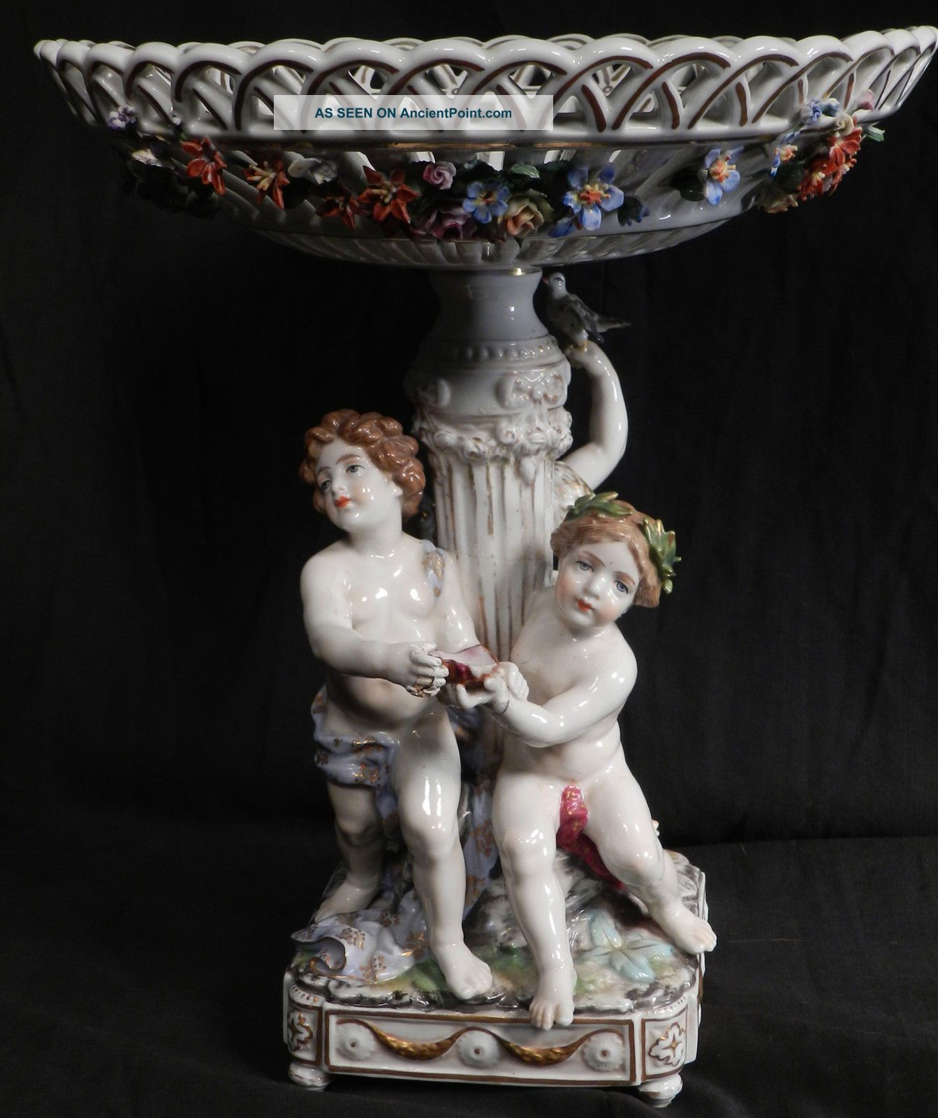 Antique Dressel Kister Figure German Porcelain Stand Reticulate Hand Paint Putti Figurines photo