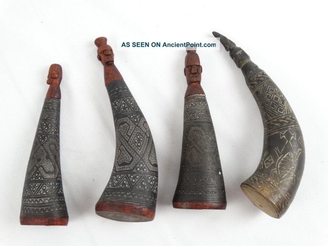 4 Buffalo Horn Betel Nut Lime Containers Hand - Carved Scrimshaw Timor Indonesia Pacific Islands & Oceania photo