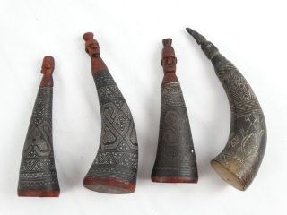 4 Buffalo Horn Betel Nut Lime Containers Hand - Carved Scrimshaw Timor Indonesia photo