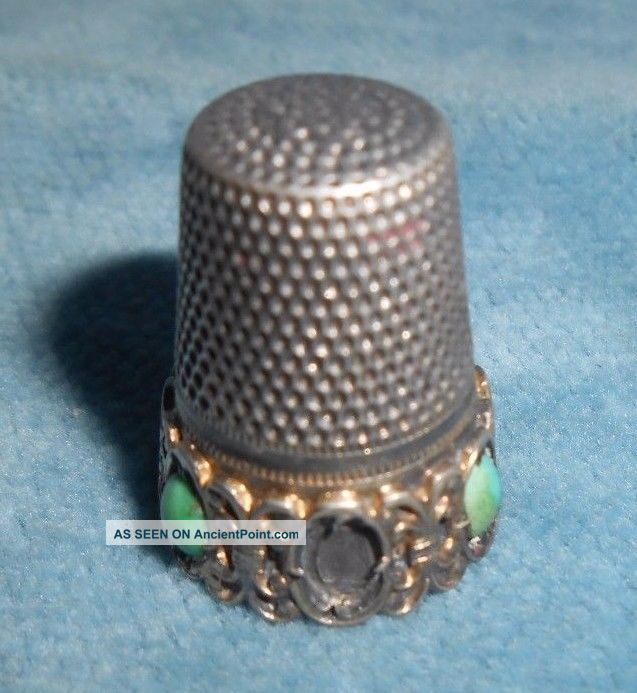 Antique Sterling Thimble With Turquoise And Vermeil Accents Thimbles photo