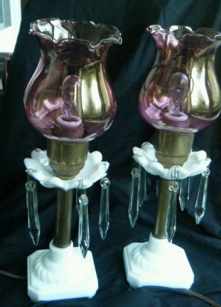 1930 ' S Milk Glass,  Brass,  Crystal Prism,  W/cranberry Shade Boudoir Lamps photo