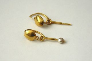Ancient Roman 22k Gold Earrings Shield Design & Dangle Rod 1 Bead 2nd Century Ad photo