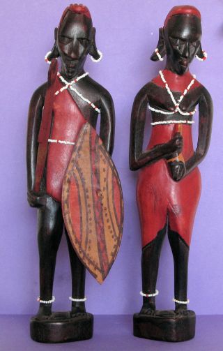 African Tribal Art - Male And Female Masai Figures.  30 Cms High,  Shield,  Spear photo